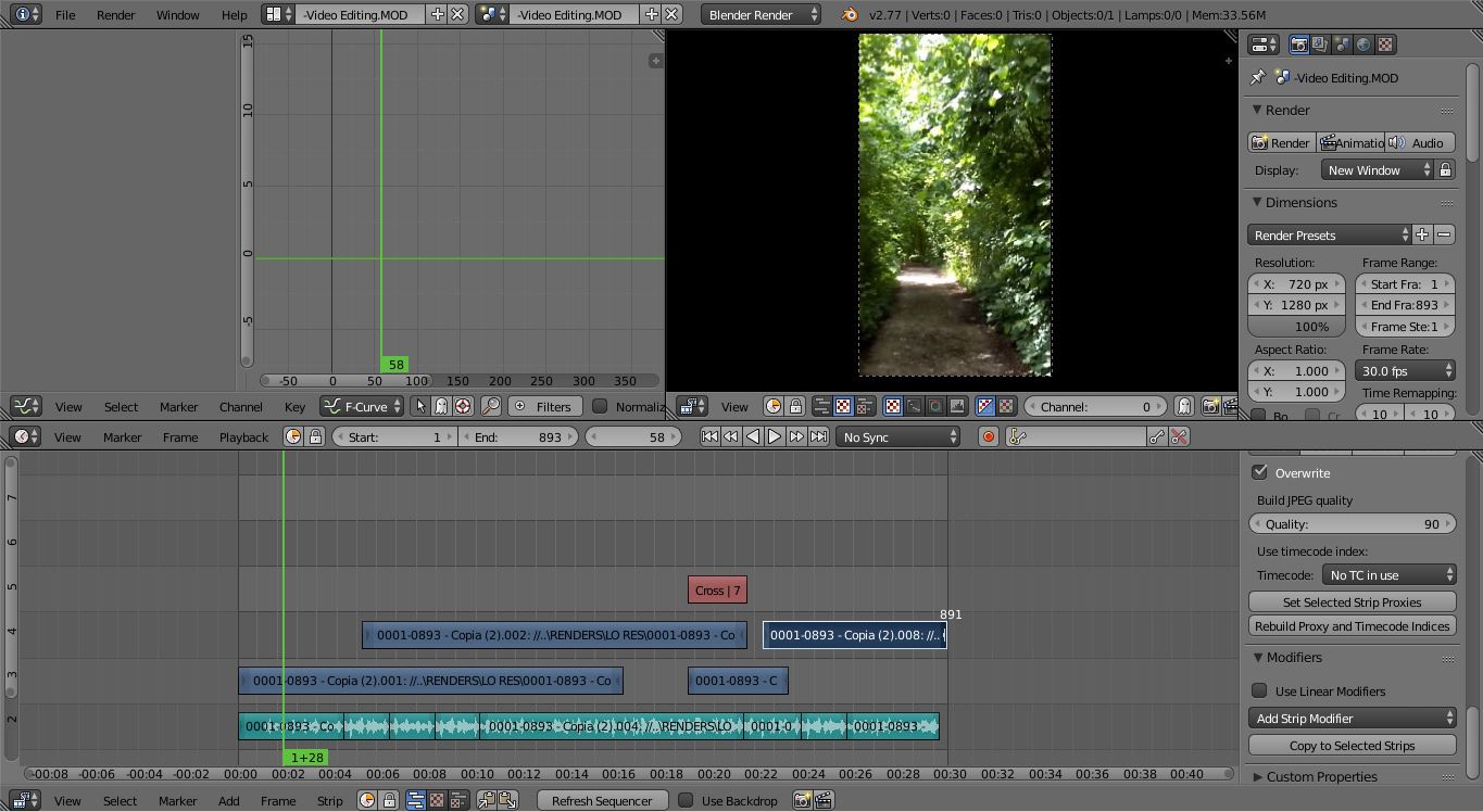 Интерфейс Blender Video Sequence Editor с видеодорожками и предпросмотром