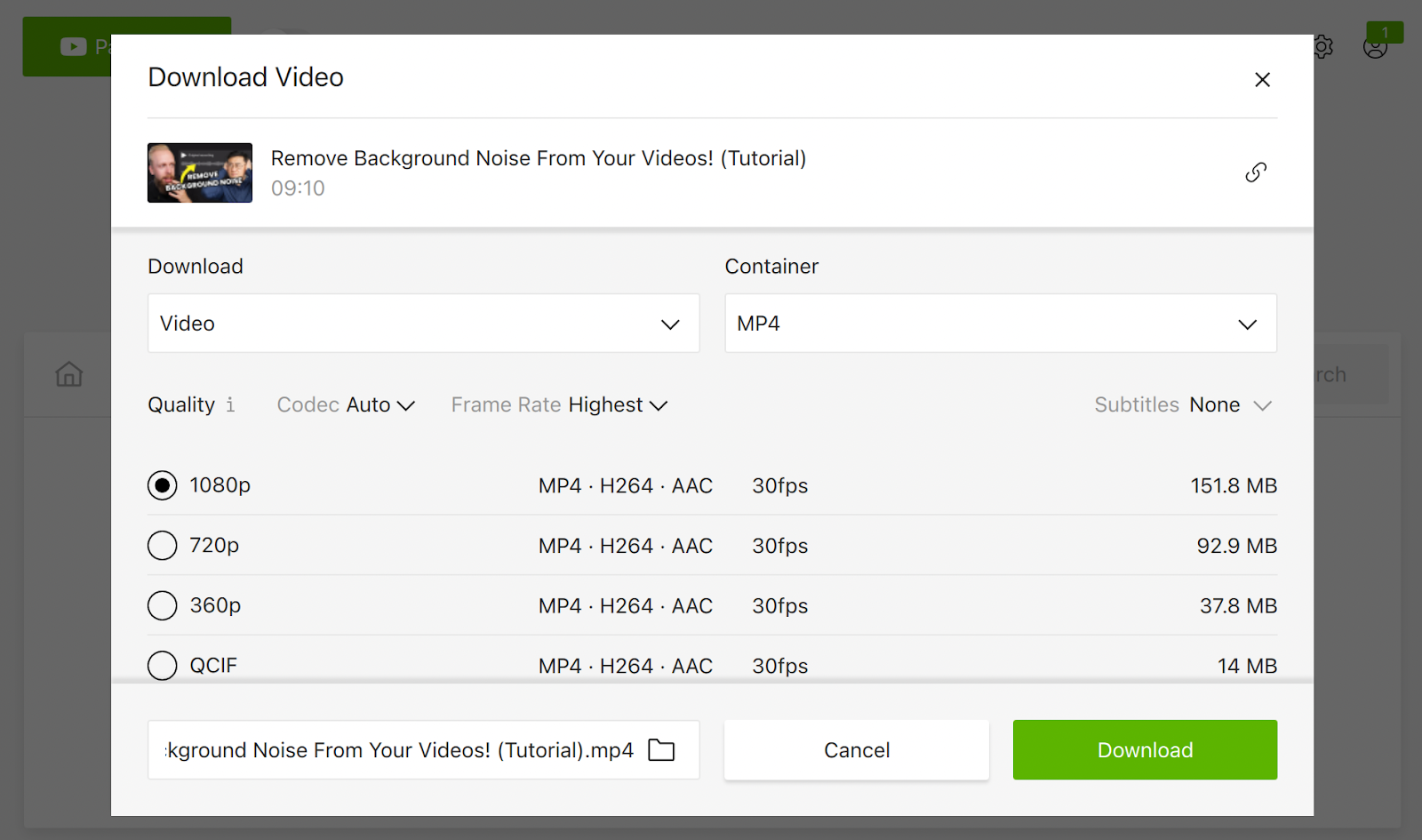 4K Video Downloader — окно выбора параметров