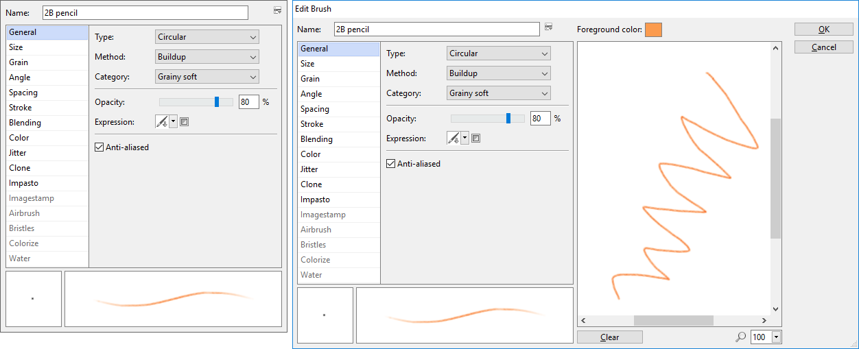 Настройка кисти Artweaver: Brush palette и окно Edit Brush со Scratch pad