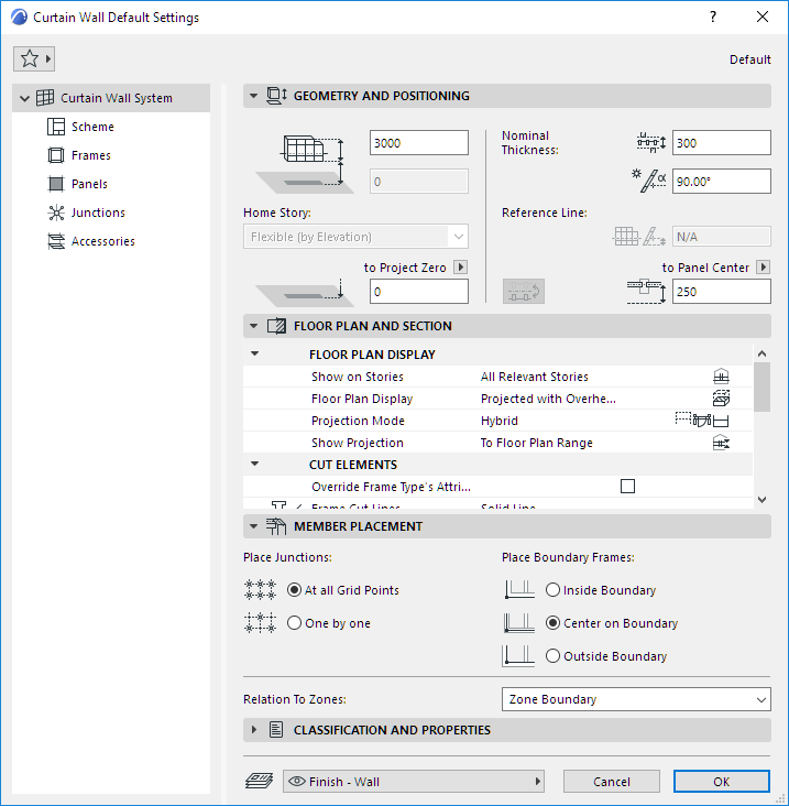 Окно Curtain Wall Default Settings в Archicad