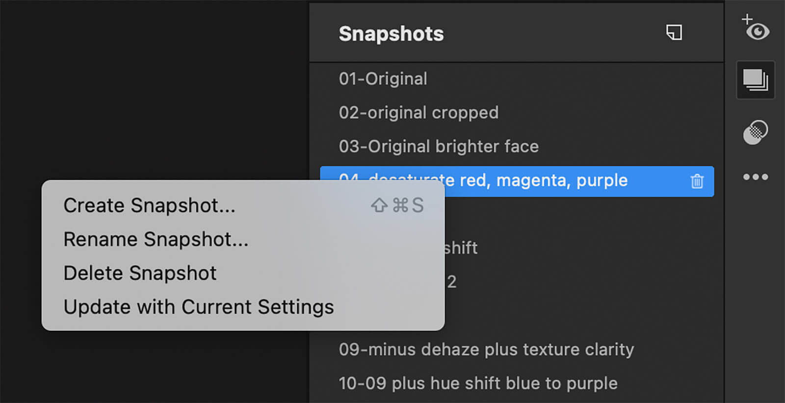 Camera Raw: панель Snapshots и контекстное меню