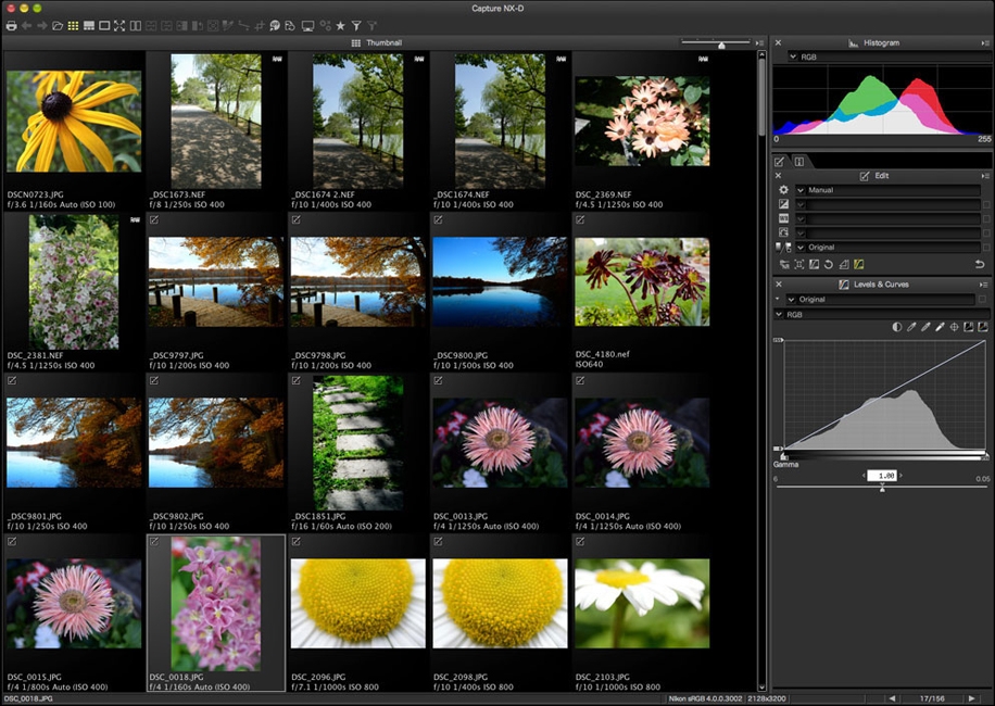Режим миниатюр Nikon Capture NX-D с гистограммой и панелью Levels & Curves