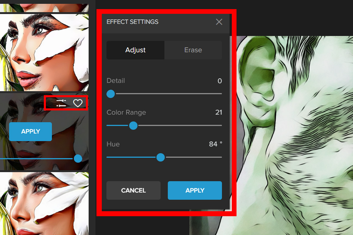 Расширенные настройки эффекта в Colorcinch: Effect Settings, вкладки Adjust и Erase, Detail, Color Range, Hue, CANCEL и APPLY