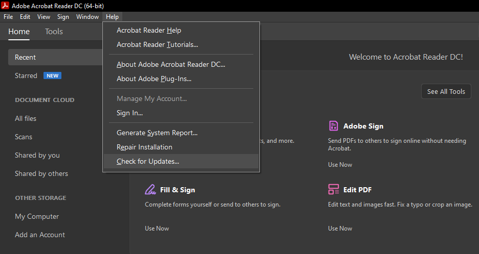Проверка обновлений Adobe Acrobat Reader