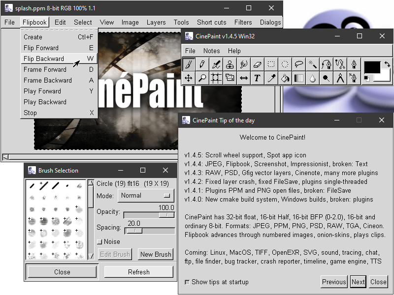 CinePaint на Windows с отдельной панелью инструментов и окном изображения