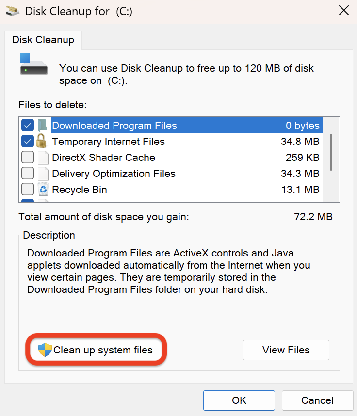 Кнопка Clean up system files в Disk Cleanup