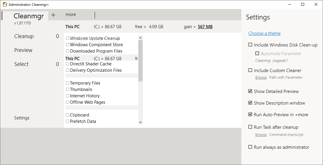 Интерфейс Cleanmgr+ со списком системных категорий и настройками