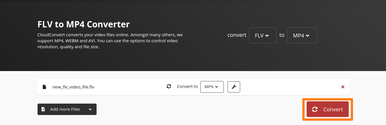 Запуск конвертации FLV в MP4 в CloudConvert