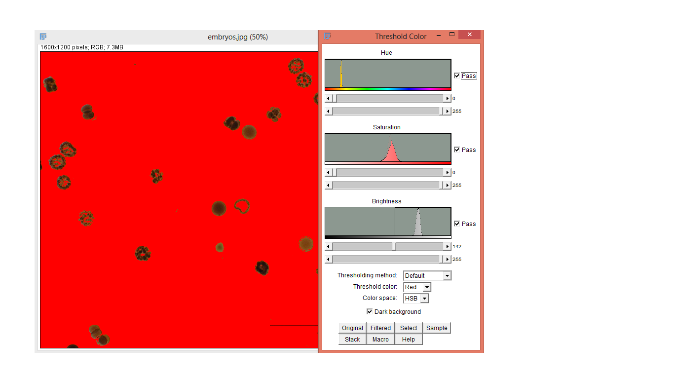 Color Threshold в ImageJ: пороговая обработка цветного изображения по Hue, Saturation и Brightness