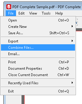Меню File с командой Combine Files в PDF Complete