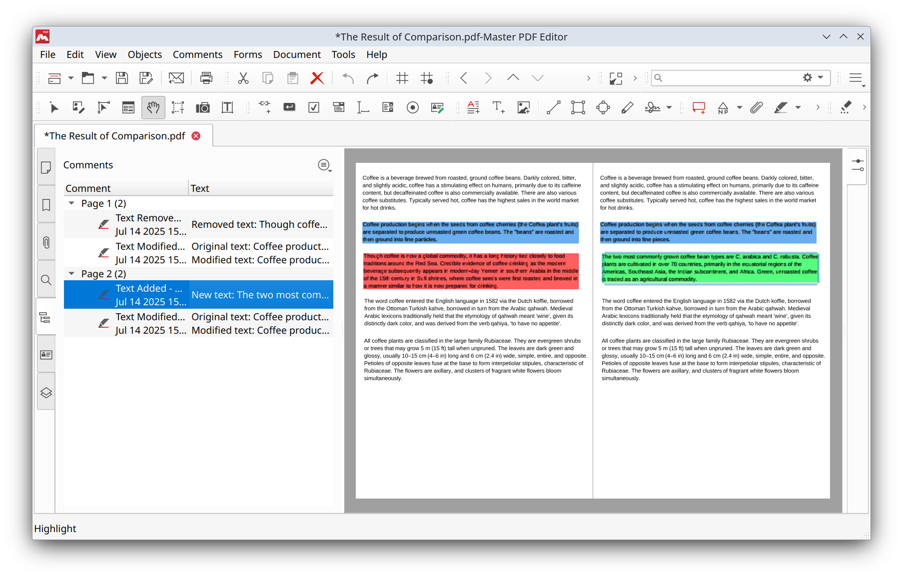 Результат сравнения документов в Master PDF Editor