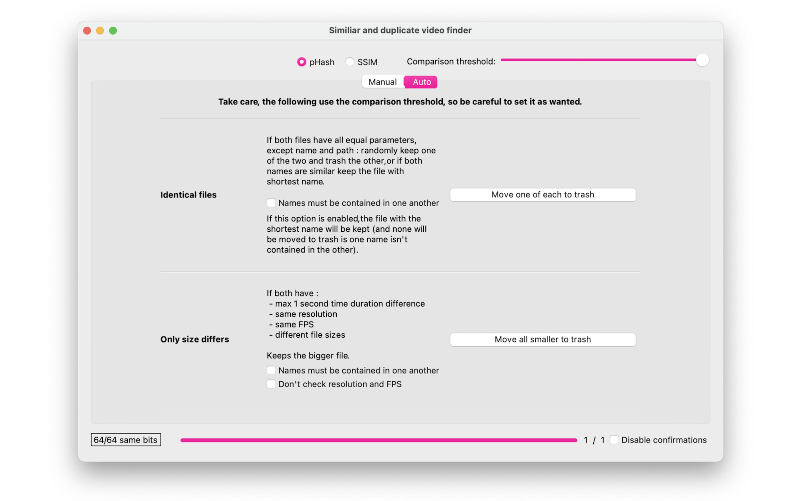 Автоматические настройки удаления дублей в Video Simili Duplicate Cleaner