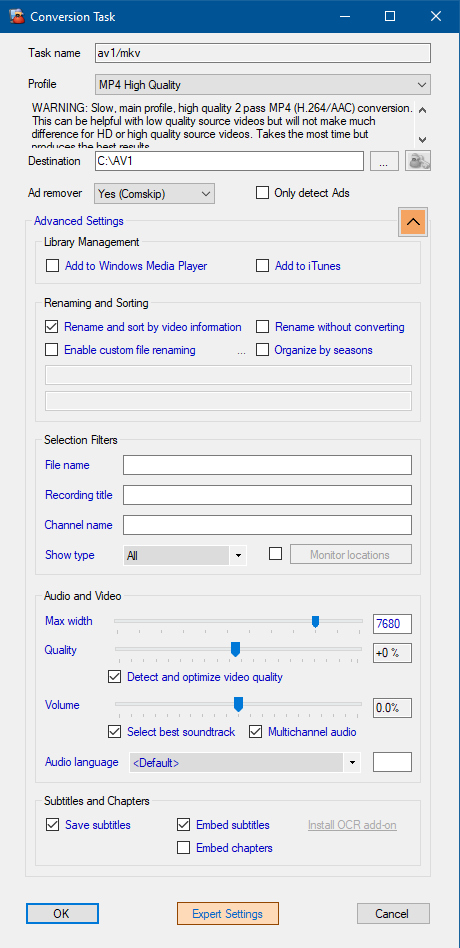 Окно Conversion Task в MCEBuddy с профилем MP4 High Quality, удалением рекламы через Comskip и расширенными настройками