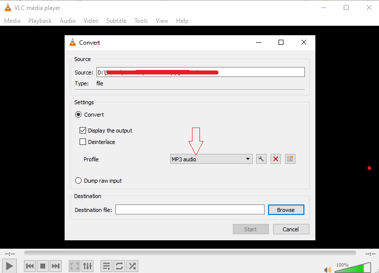 Окно конвертации VLC с выбором аудиопрофиля MP3