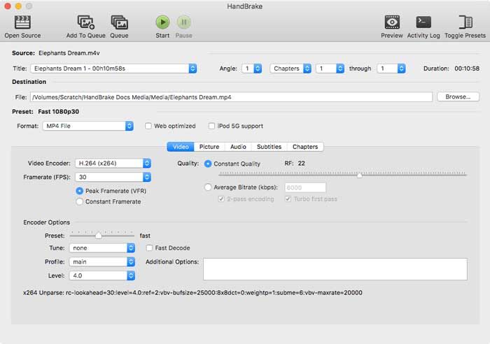 Окно HandBrake для перекодирования видео