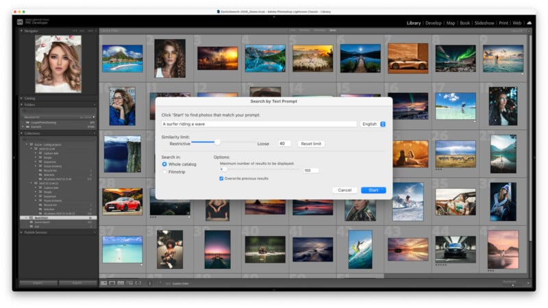 Excire Search: окно Search by Text Prompt в Lightroom Classic