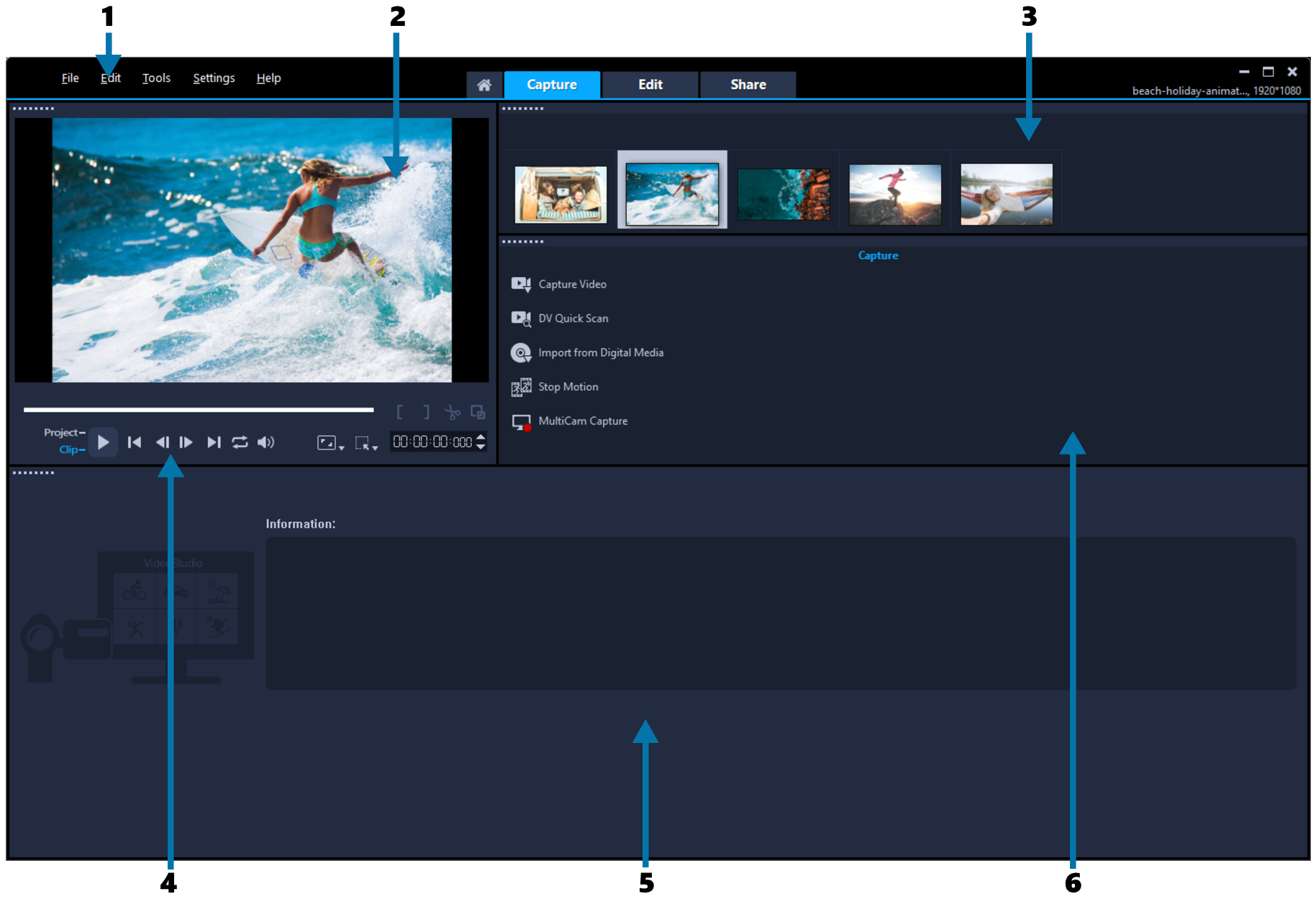 Рабочая область Capture в Corel VideoStudio