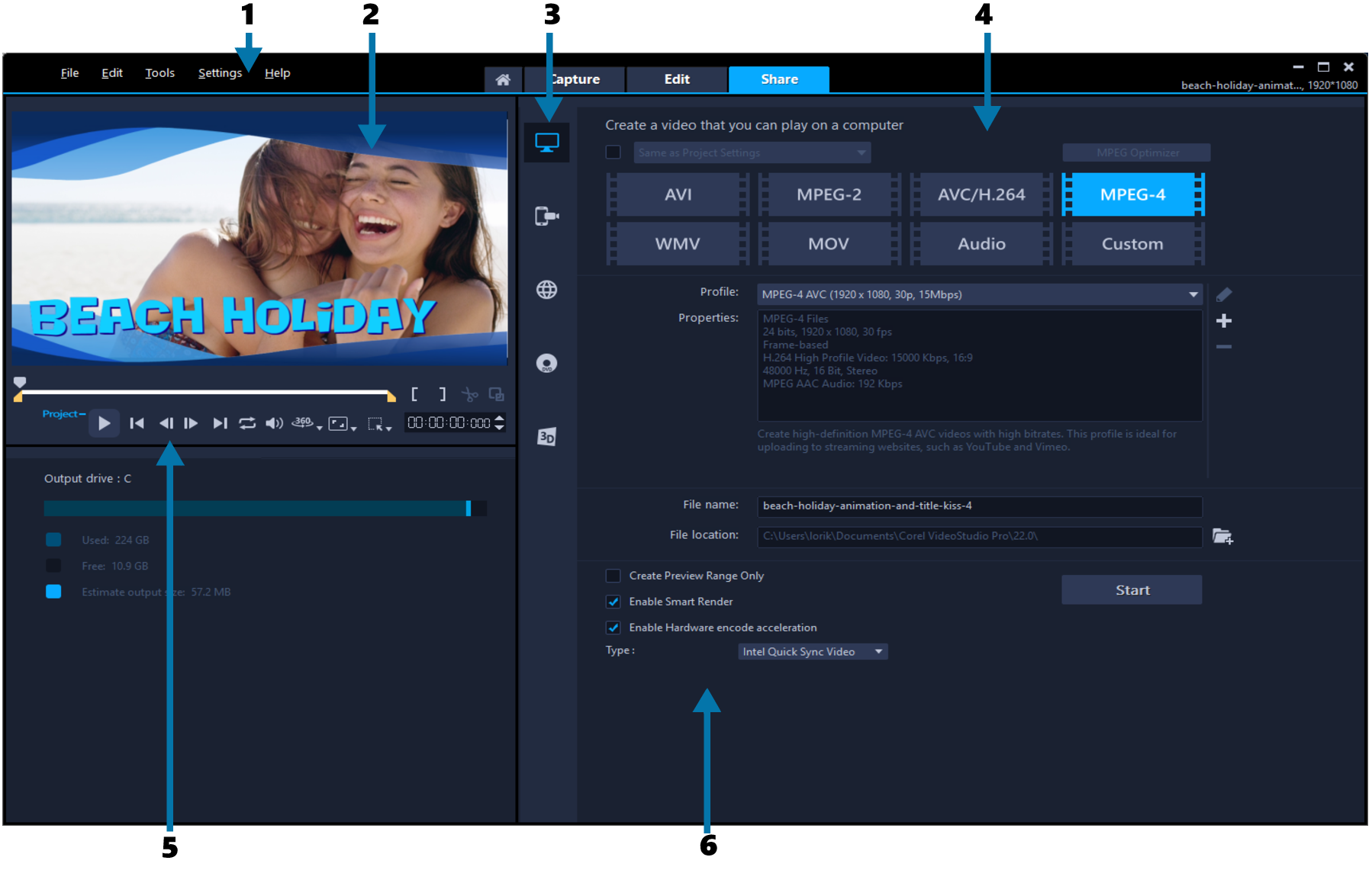 Рабочая область Share в Corel VideoStudio
