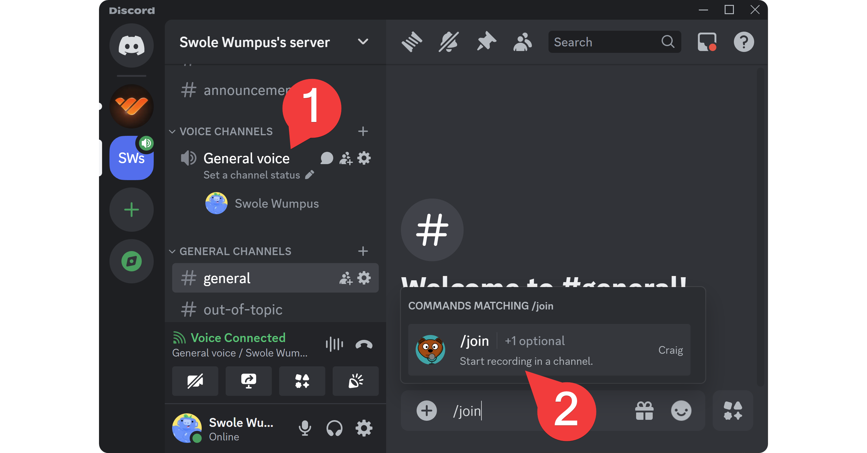 Запуск записи Craig в Discord