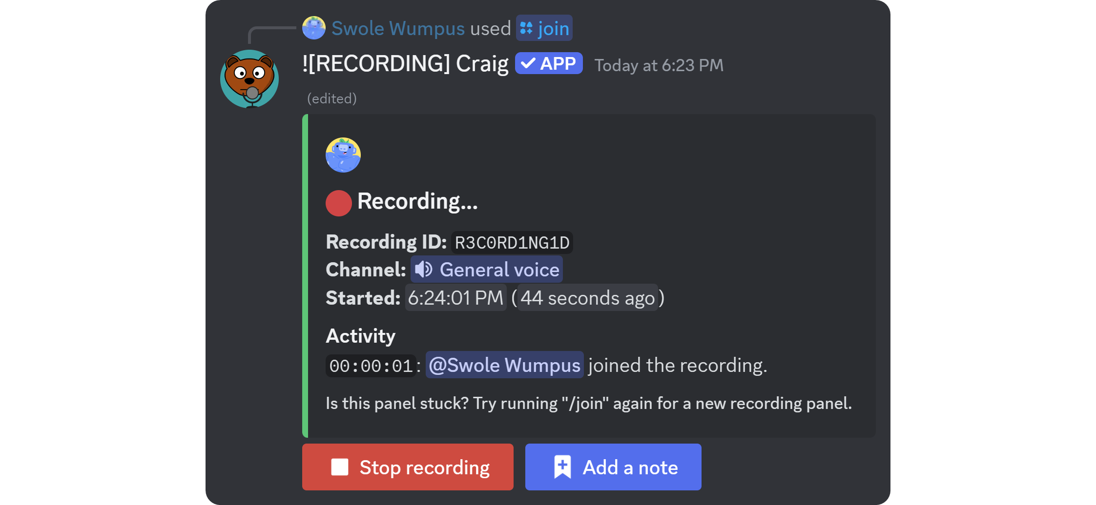 Панель активной записи Craig