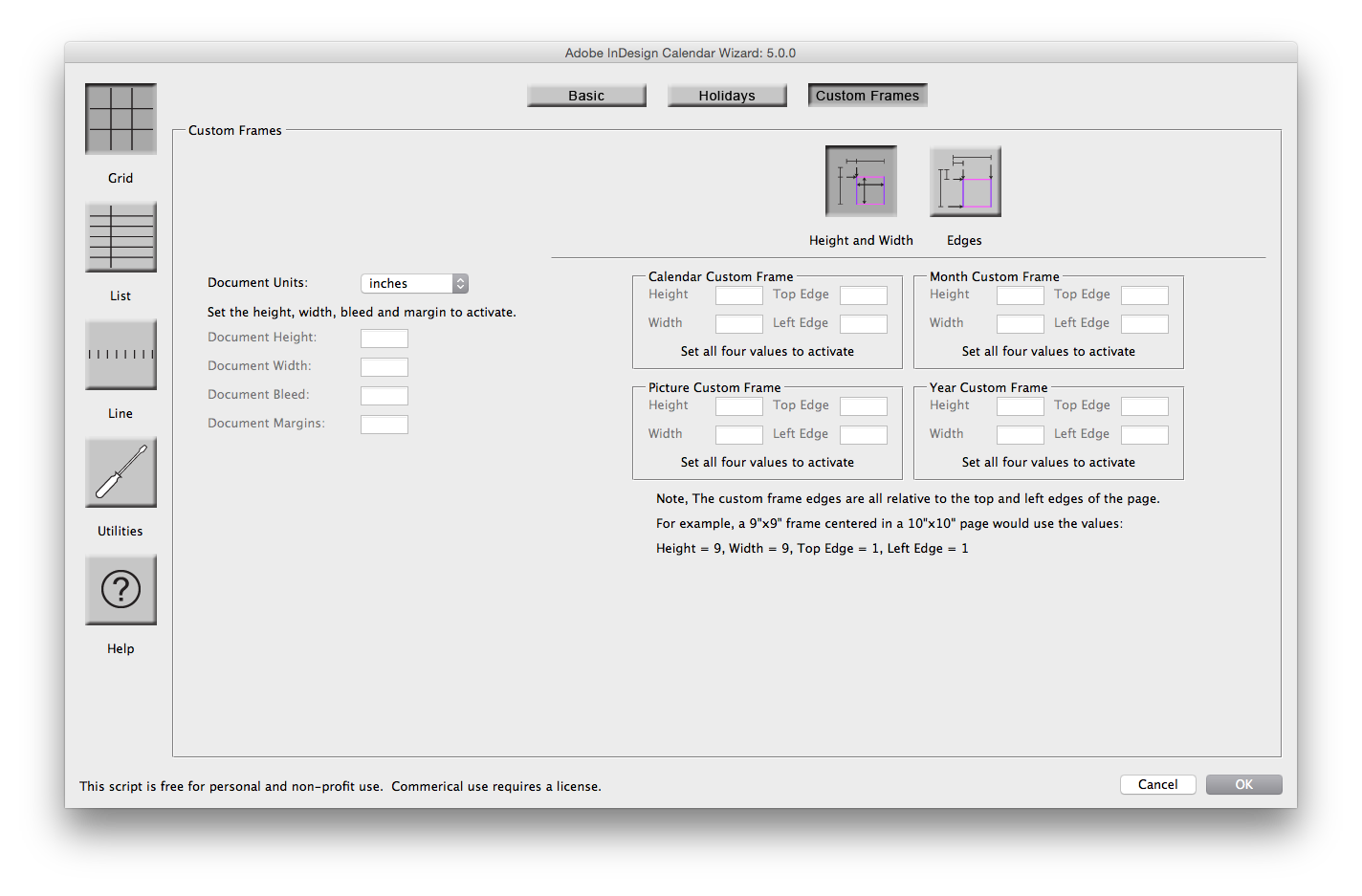 Вкладка Custom Frames в Adobe InDesign Calendar Wizard