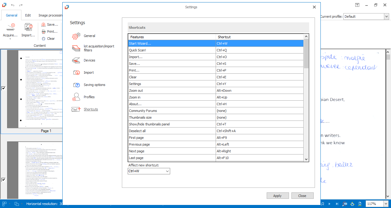 Настройки и горячие клавиши в PaperScan