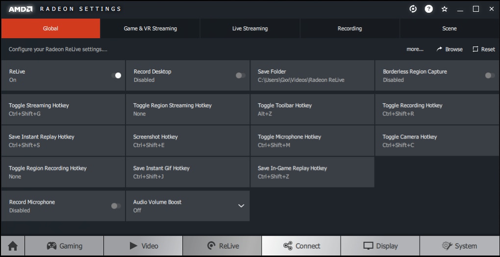 AMD Radeon ReLive — классическая вкладка Global с настройками записи и хоткеями