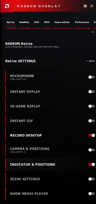 AMD Radeon ReLive — быстрые переключатели внутри Radeon Overlay