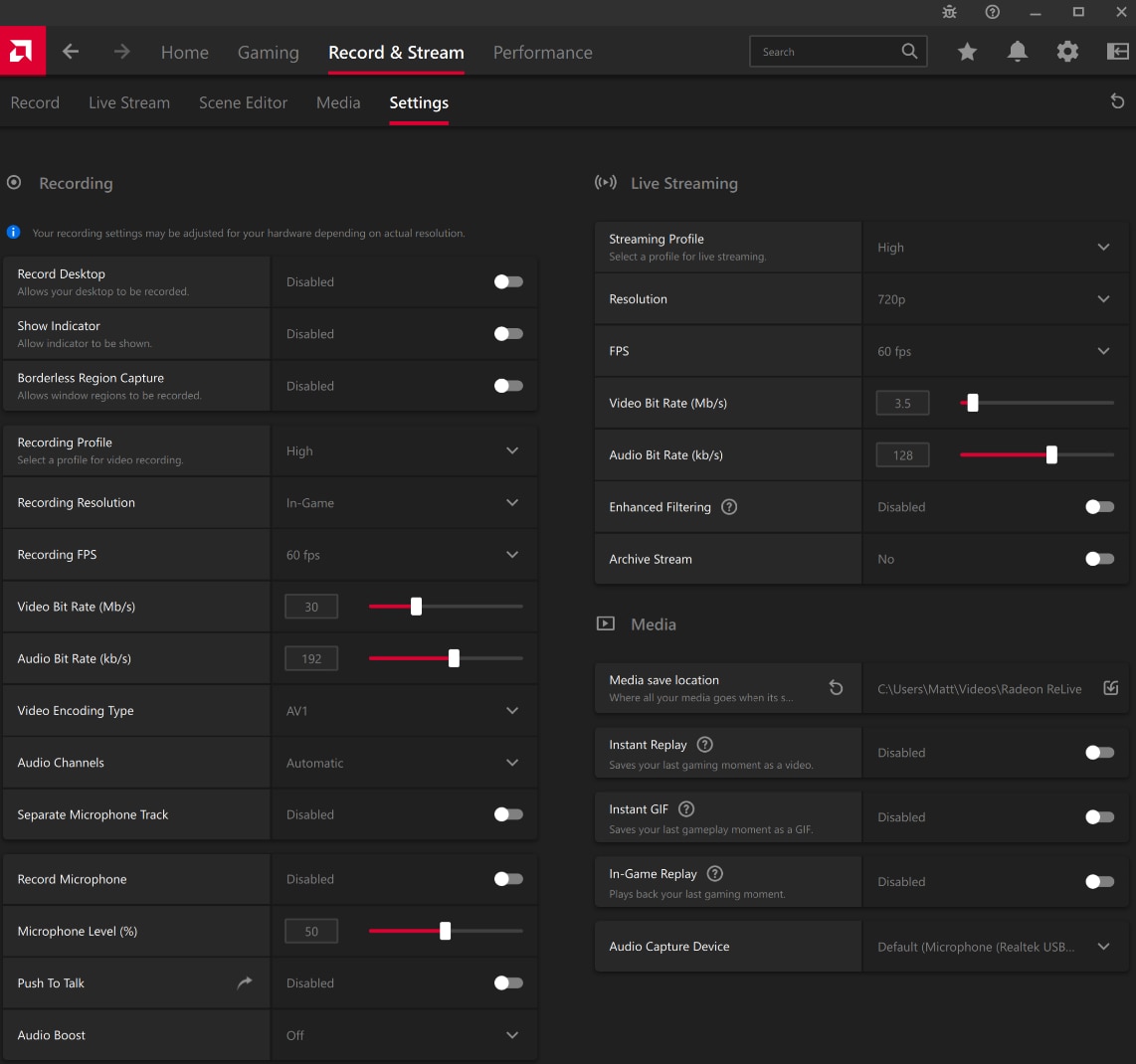 AMD Radeon ReLive / Record & Stream — современный экран Settings с параметрами записи, стрима и медиа
