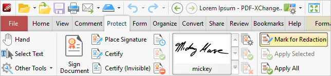 PDF-XChange Editor: Mark for Redaction на вкладке Protect