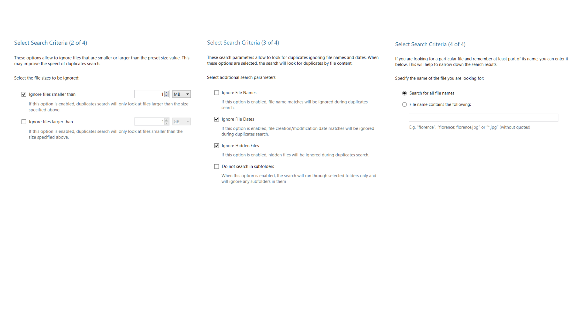 Страницы мастера с параметрами размера, имён, дат и поиска по имени файла