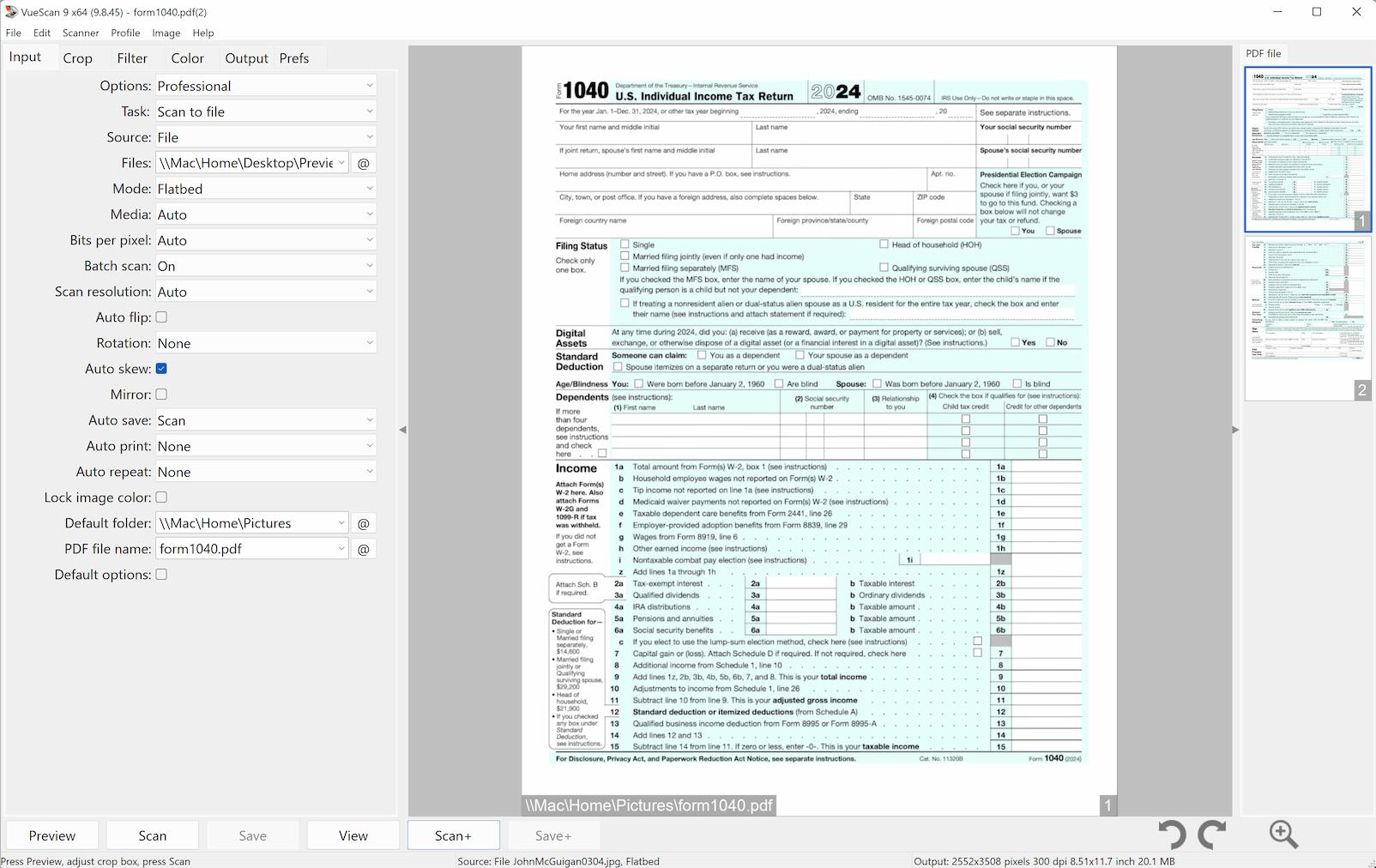 Реальный скриншот VueScan со сканированием документа в PDF