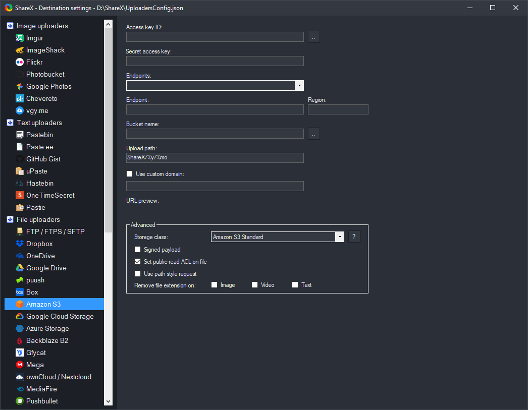 Настройки загрузки в ShareX