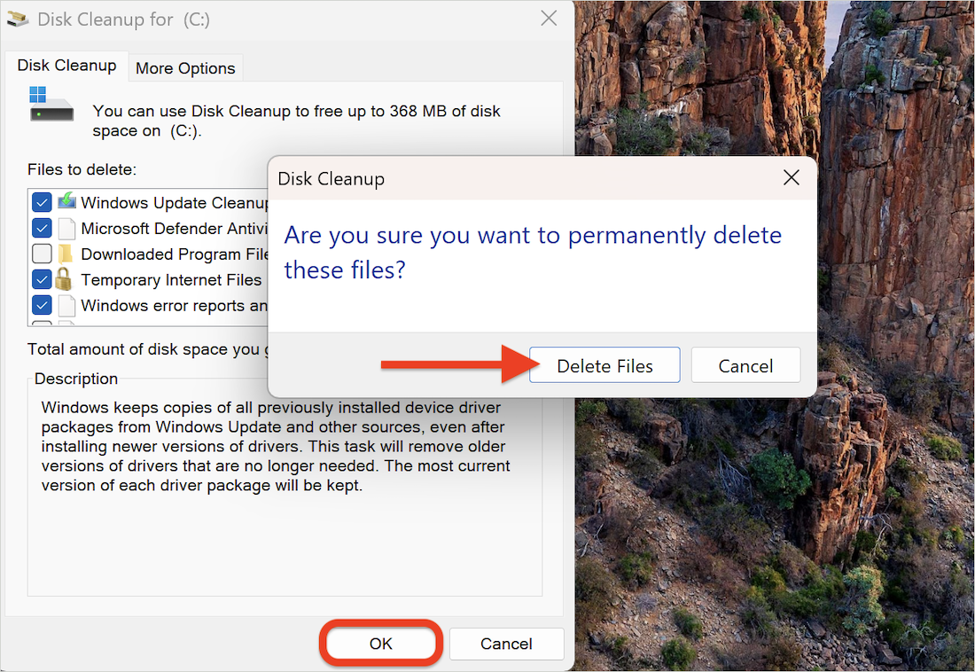 Подтверждение удаления файлов в Disk Cleanup