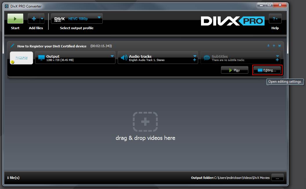 DivX Pro Converter с кнопками Start, Add files, Select output profile и Editing