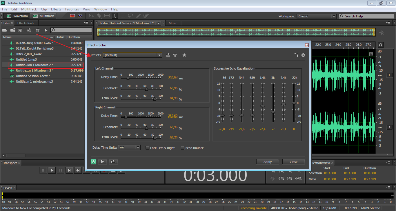 Добавление эха в Adobe Audition