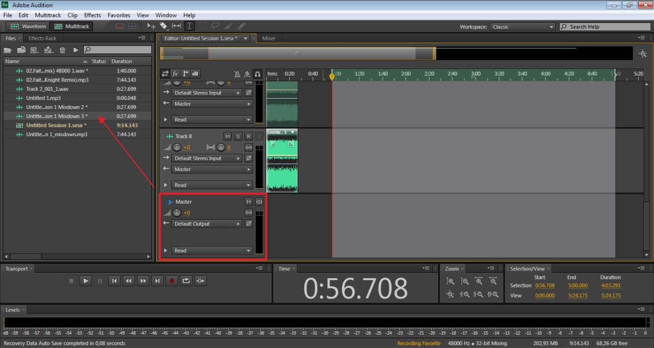 Интерфейс Adobe Audition с многодорожечным проектом