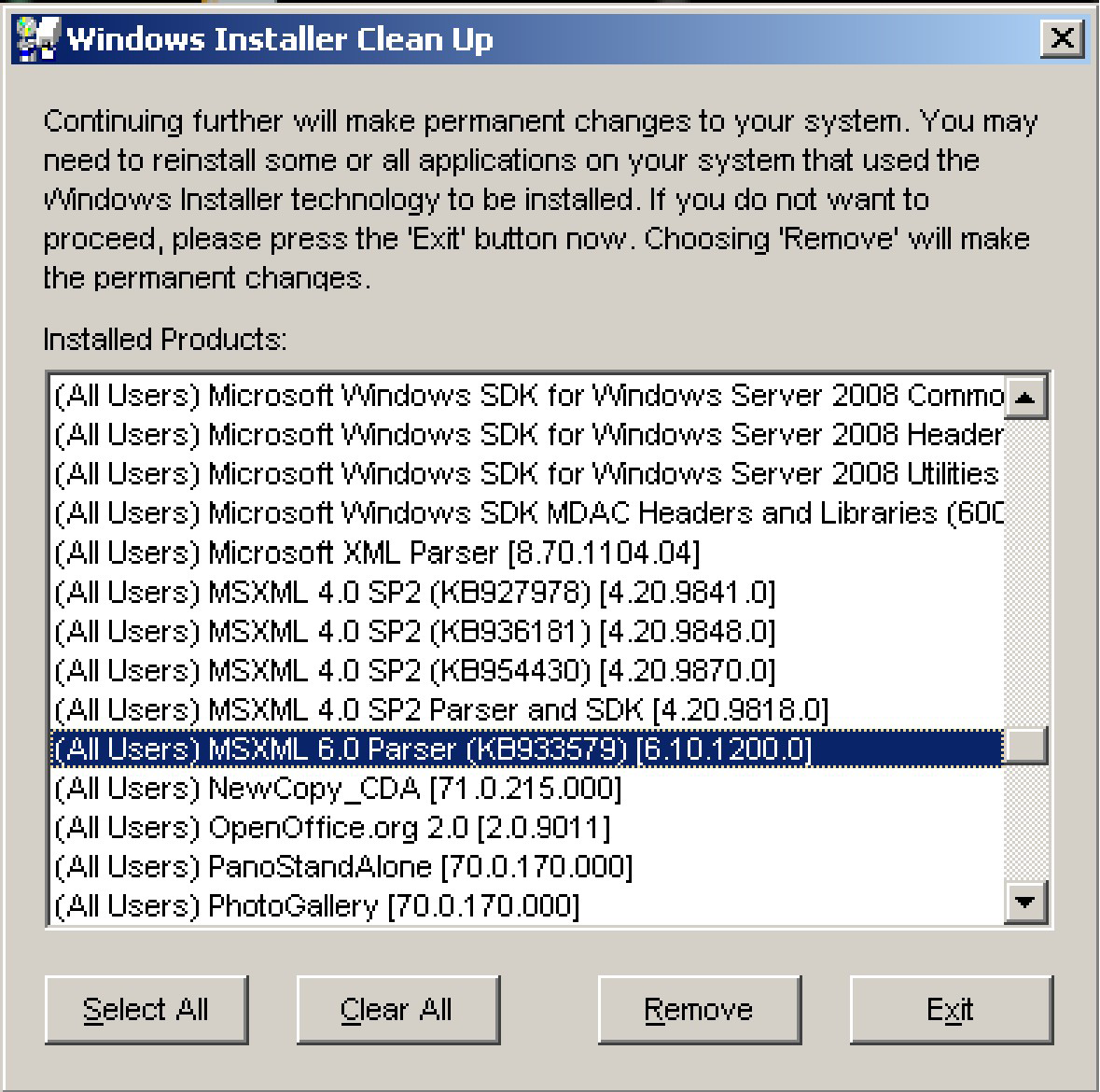 Окно Windows Installer Clean Up со списком Installed Products и кнопками Select All, Clear All, Remove, Exit
