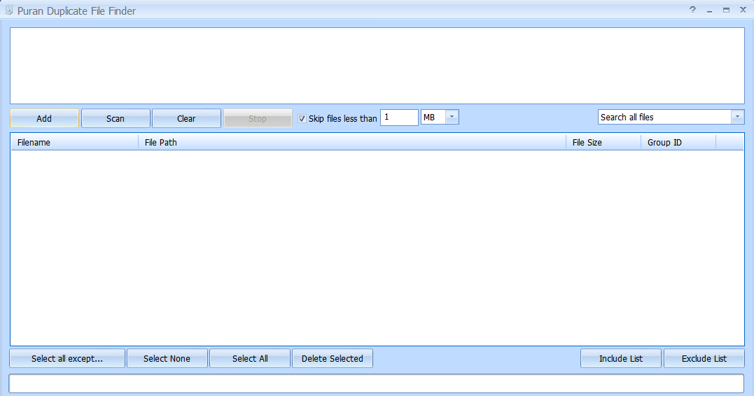 Главное окно Puran Duplicate File Finder с добавленными папками, кнопками Add, Scan, Clear, Stop, фильтром Skip files less than и таблицей результатов