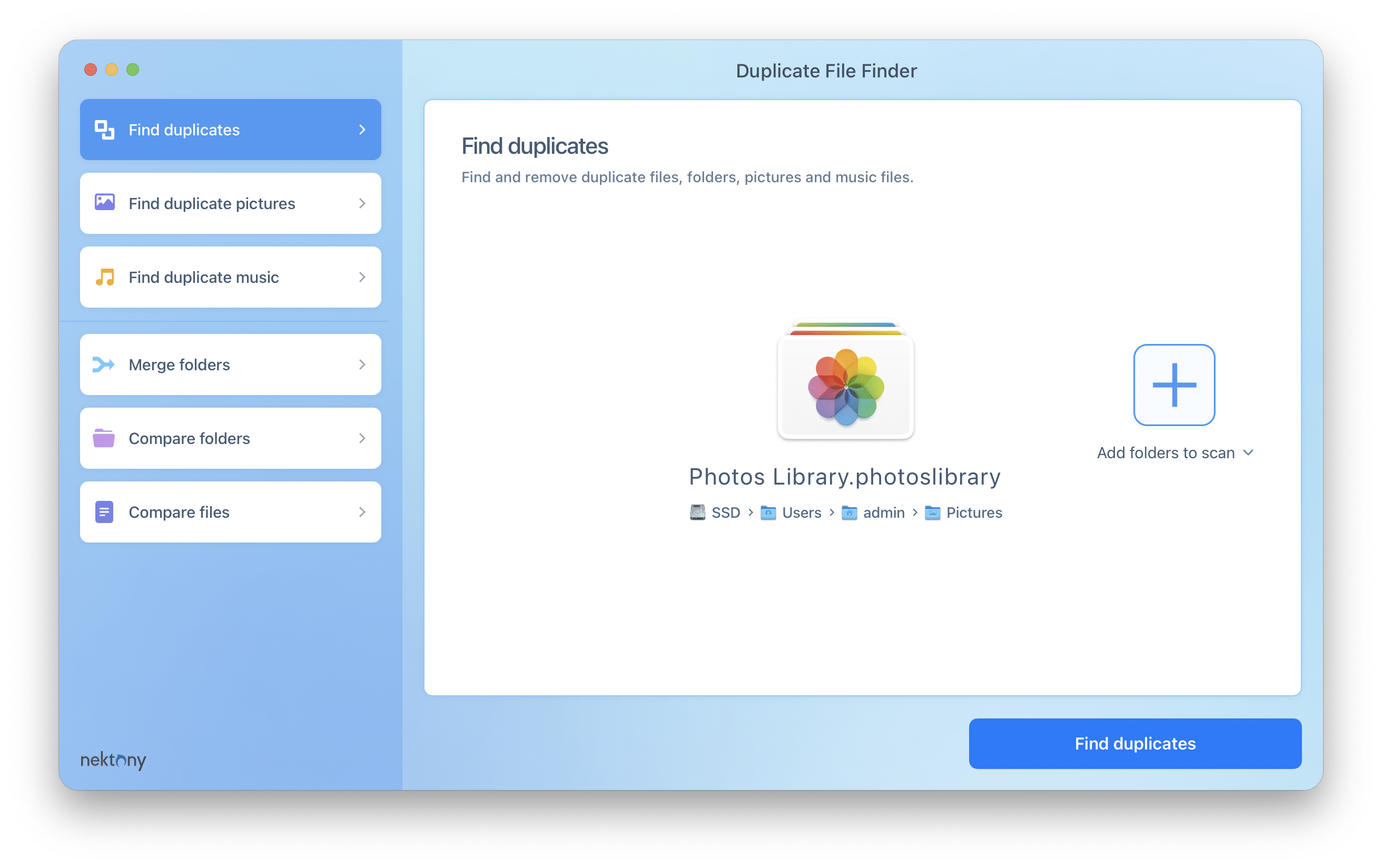 Выбор Photos Library для поиска дубликатов в Nektony Duplicate File Finder