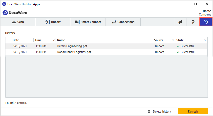 DocuWare Desktop Apps History с колонками Date, Time, Name, Source и State