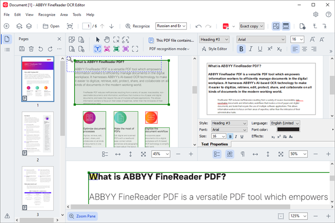 Окно ABBYY FineReader PDF для распознавания и редактирования текста