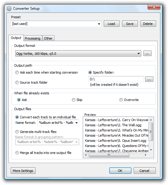 foobar2000: окно Converter Setup