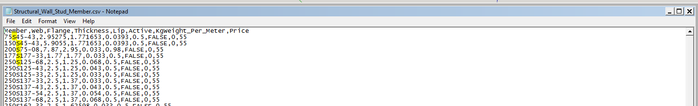 Файл списка профилей FrameBuilder-MRD с полями Member, web, Flange, Thickness, Lip, Active, Weight_per_Meter, Price