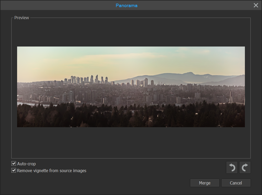 Диалог Photomerge Panorama в Gemstone Photo Editor 16