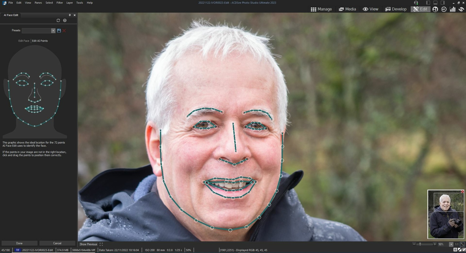 Контроль точек лица в инструменте AI Face Edit