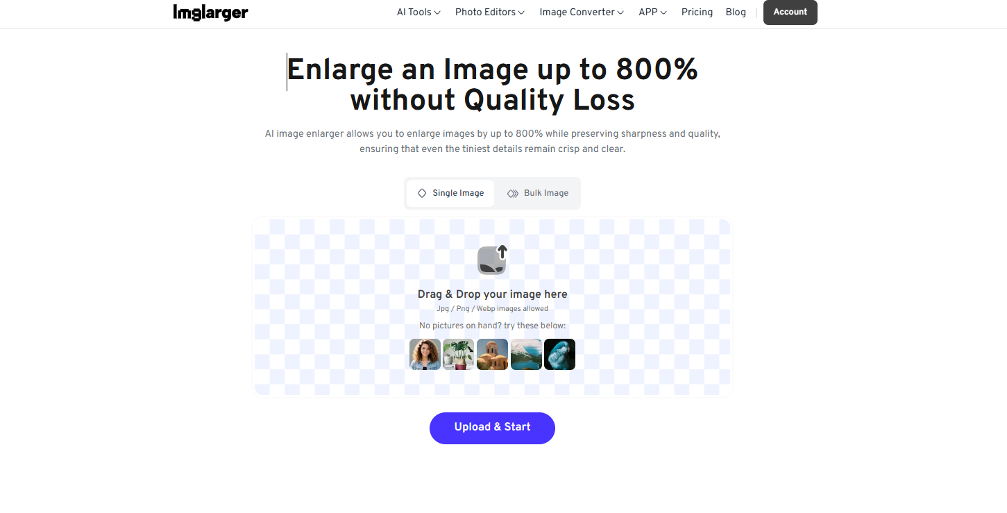 Режимы Single Image и Bulk Image и зона загрузки AI Image Enlarger