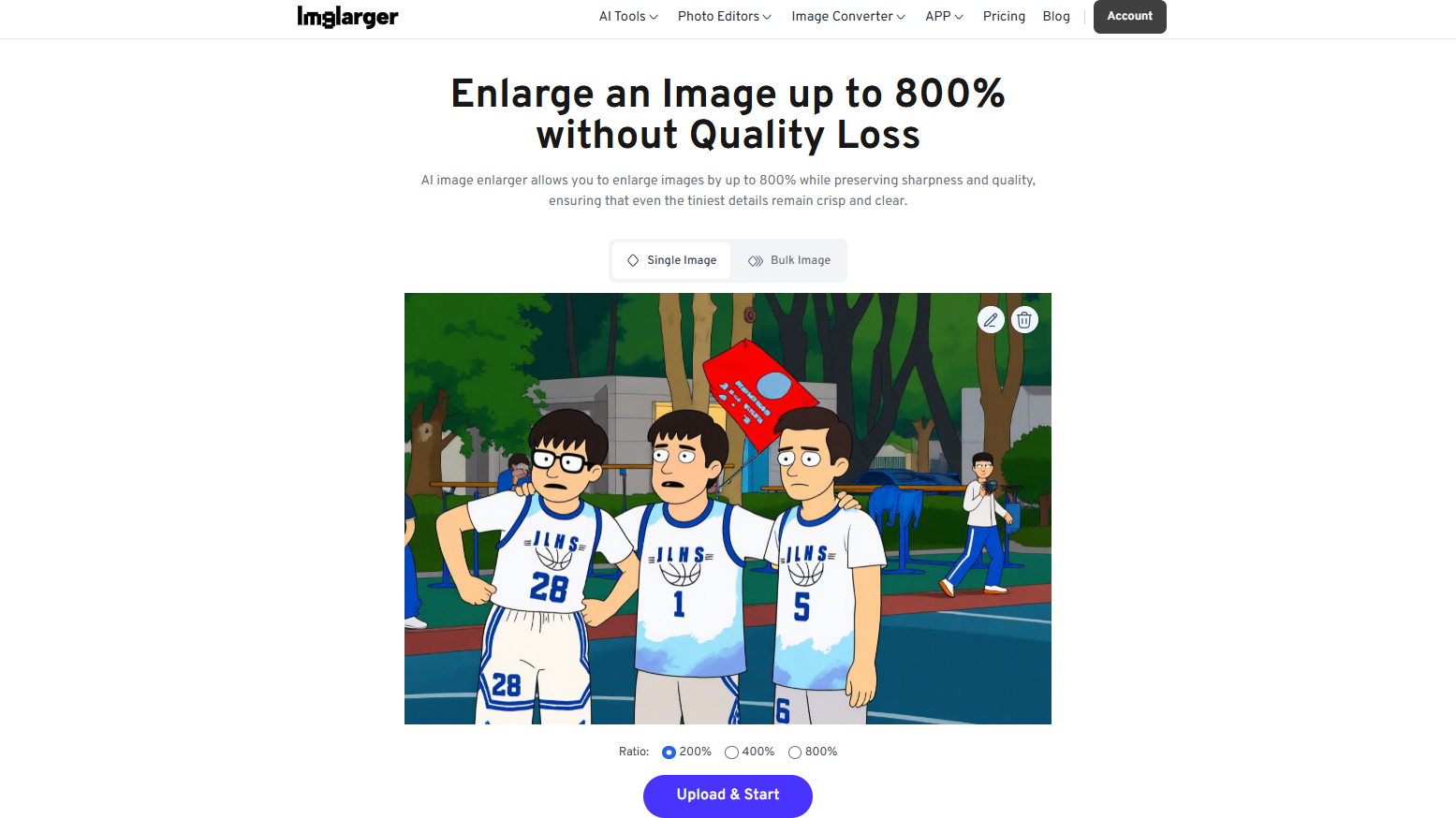 Загруженное изображение и выбор 200, 400 или 800 процентов в AI Image Enlarger