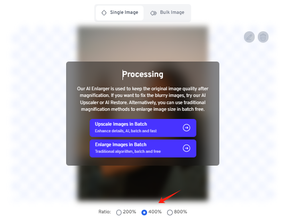 Окно Processing в интерфейсе AI Image Enlarger