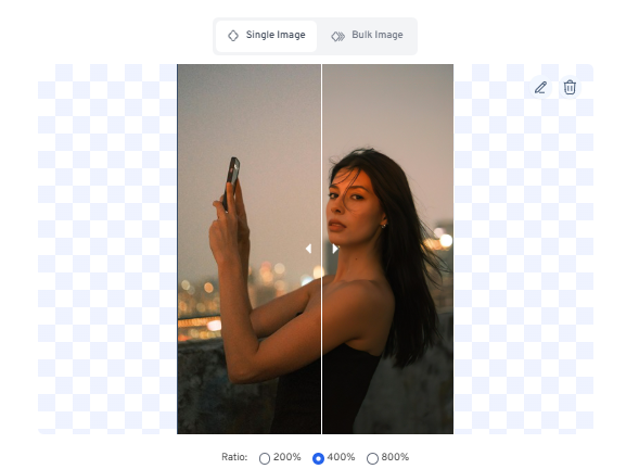 Вертикальный ползунок сравнения до и после в AI Image Enlarger
